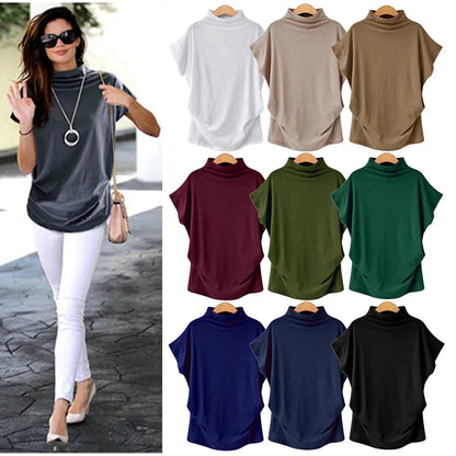 Women Casual Turtleneck Short Sleeve Cotton girl Solid Casual  Top Shirt female Plus Size Solid girl clothing fashion