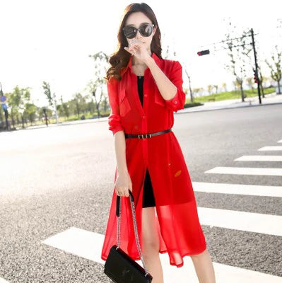 TingYiLi Black White Red Green Long Cardigan Female Long Sleeve Summer Cardigan Casual Shirt Women