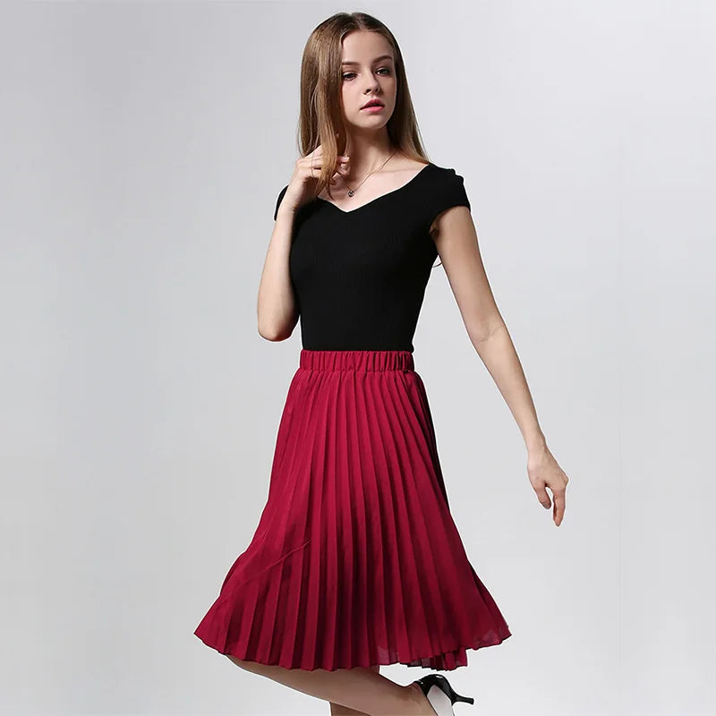 Women Chiffon Pleated Skirt Vintage High Waist Tutu Skirts Womens Saia Midi Rokken 2016 Summer Style Jupe Femme Skirt