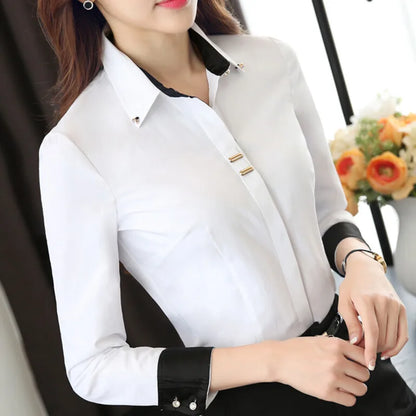 Fashion Clothes OL Women Long Sleeve Shirt Black White Slim Patchwork Sequined Cotton Blouse Office Ladies Formal Tops