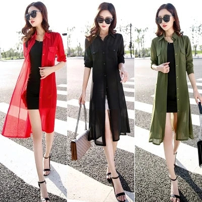 TingYiLi Black White Red Green Long Cardigan Female Long Sleeve Summer Cardigan Casual Shirt Women