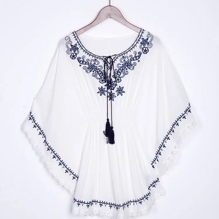 Floral Embroidery Hippie Cotton Batwing Loose Tops Boho Blouse