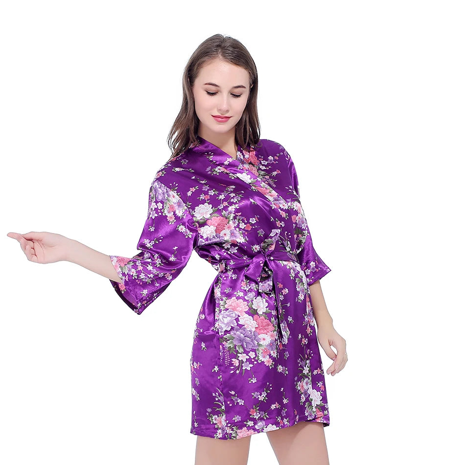 Silk Satin Wedding Bride Bridesmaid Robe Floral Bathrobe Short Kimono Robe Night Robe Bath Robe Fashion Dressing Gown For Women