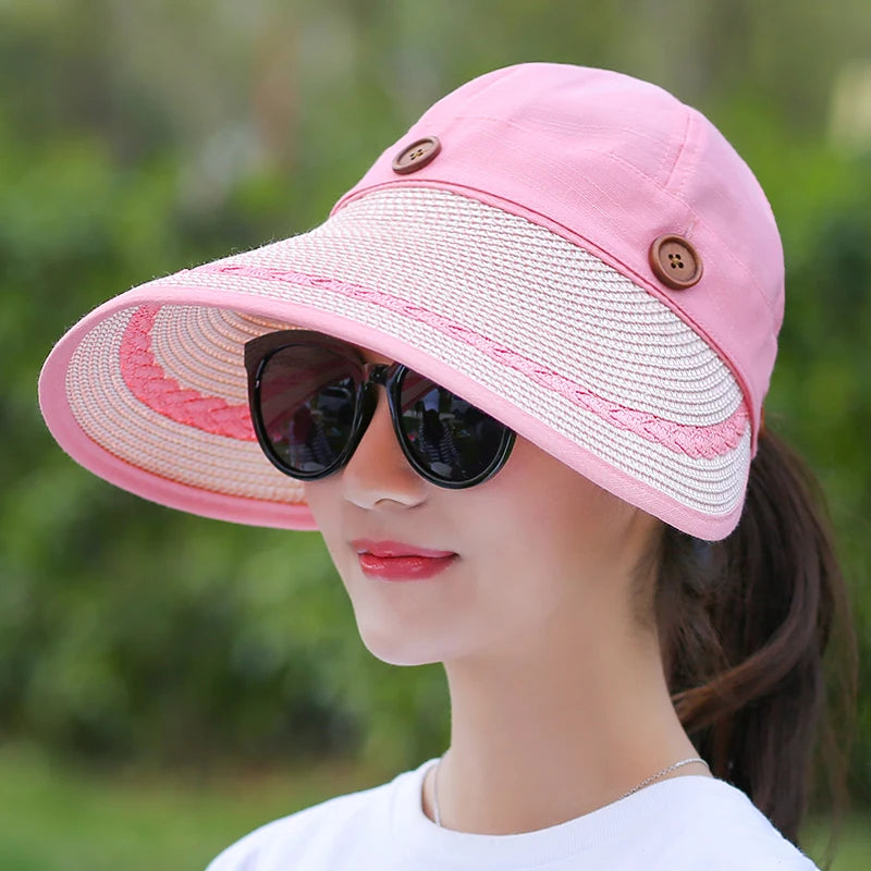 COKK Hats Women Wide Large Brim Floppy Summer Beach Sun Hat Straw Hat Button Cap Summer Hats For Women Anti-uv Visor Cap Female