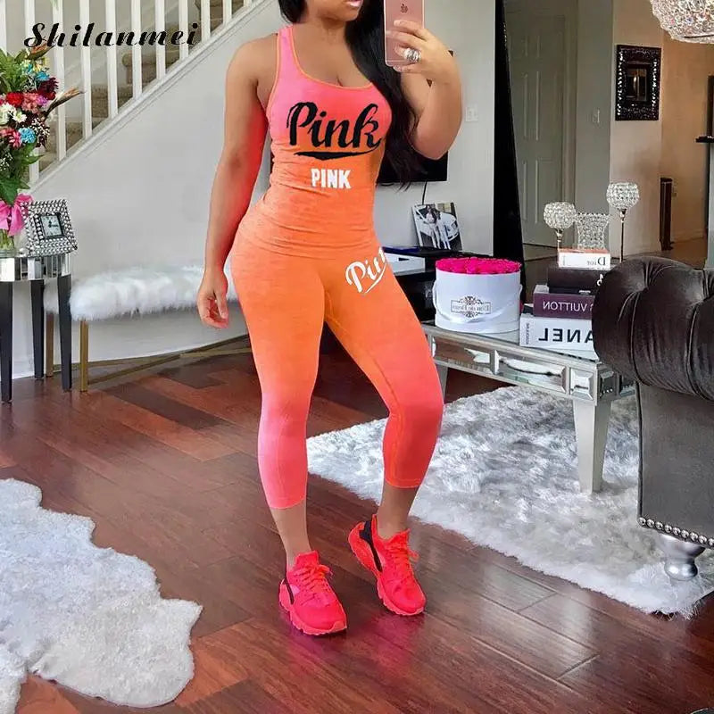 Skinny Tracksuit Sleeveless T-Shirt Pink Letter Print Sport Sets Causal Stretchy 2 Piece Sets Women Outfits 2024 Summer New