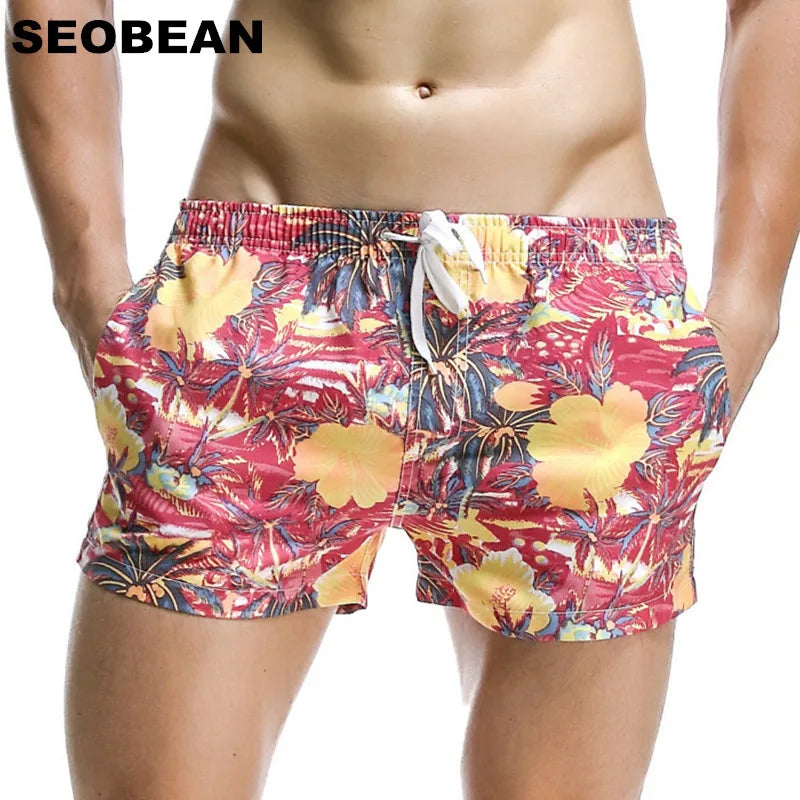 SEOBEAN Summer Hot Short Men Board Shorts Coconut Leaf Pattern Sea Beach Style Men&