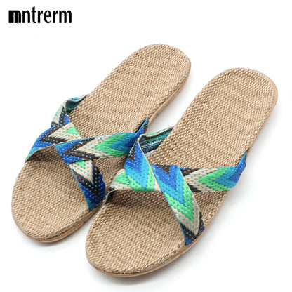 Mntrerm New Candy Color Flax Home Slippers Striped Cut-outs Summer Indoor Slippers Flats Soft Cool Women Linen Slipper