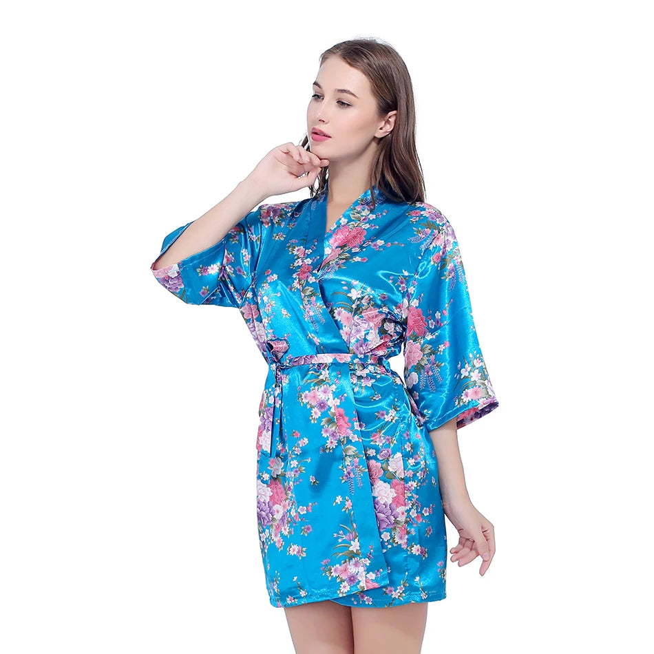 Silk Satin Wedding Bride Bridesmaid Robe Floral Bathrobe Short Kimono Robe Night Robe Bath Robe Fashion Dressing Gown For Women