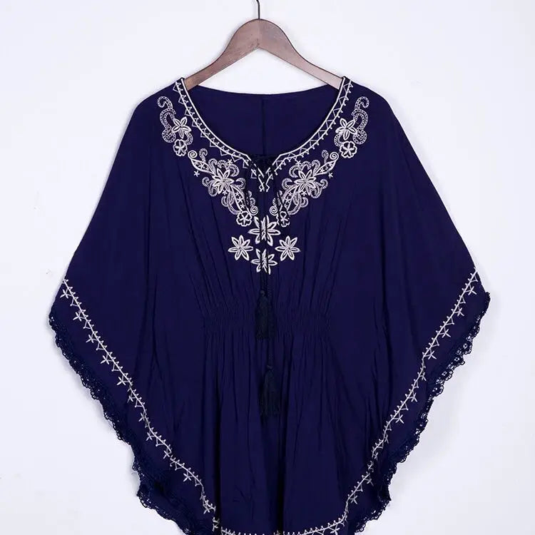 Floral Embroidery Hippie Cotton Batwing Loose Tops Boho Blouse