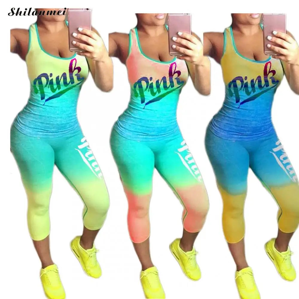 Skinny Tracksuit Sleeveless T-Shirt Pink Letter Print Sport Sets Causal Stretchy 2 Piece Sets Women Outfits 2024 Summer New