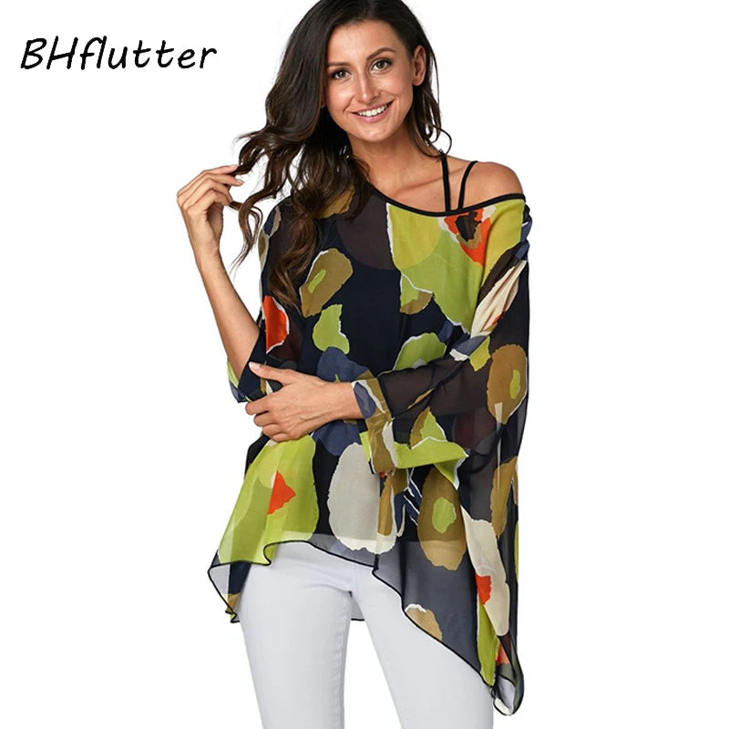 BHflutter 4XL 5XL 6XL Plus Size Women Chic Floral Print Chiffon Blouses Shirts Sexy Off Shoulder Summer Tops Tunic