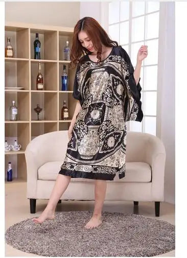 Novelty Print Black Female Satin Robe Dress Nightgown Novelty Women&