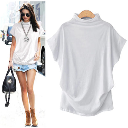 Women Casual Turtleneck Short Sleeve Cotton girl Solid Casual  Top Shirt female Plus Size Solid girl clothing fashion