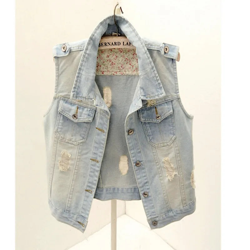 S-6XL Spring Summer Vintage Denim Vest Jacket Women Short Outerwear Slim Sleeveless Hole Cowboy Waistcoats Female Casual Tops