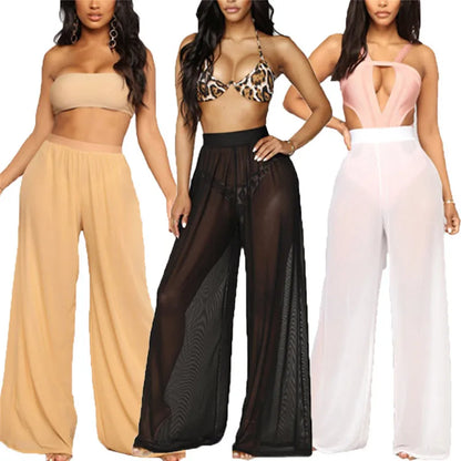 Women See Through High Waist Pants Sexy Transparent Loose Wide Leg Pants Comfortable Beach Long Solid Mesh Trousers 3Color