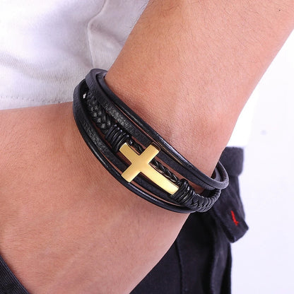 XQNI Cross Style Multi Layer Design Stainless Steel Fashion Men Leather Bracelet Classic Gift For Men 5 Different Styles Choose