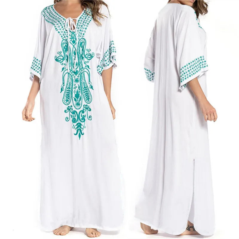 Indie Folk Embroidered Short Sleeve Summer Dress Cotton Tunic Beach Kaftan Women Beachwear Swimsuit Cover Up Robe de plage