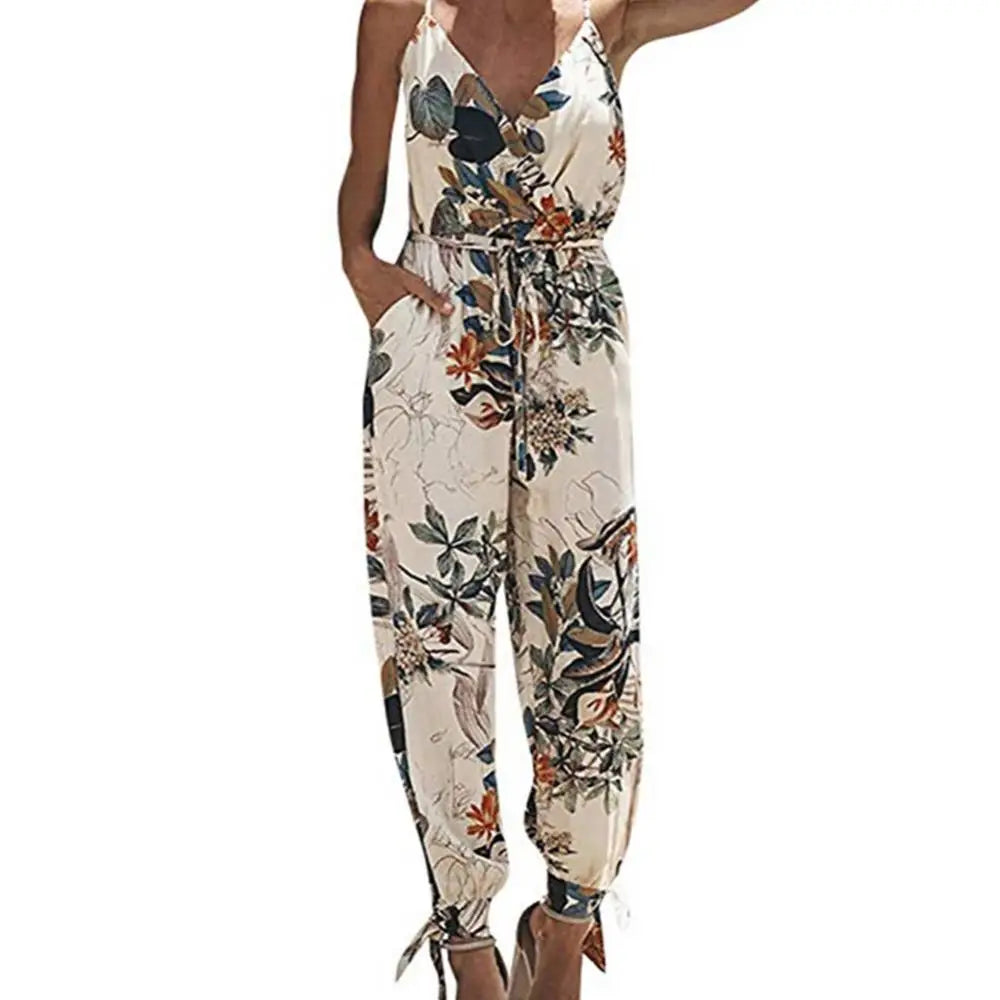 Women Summer Sexy Backless Casual Deep-V Floral Print Strappy Jumpsuits Romper