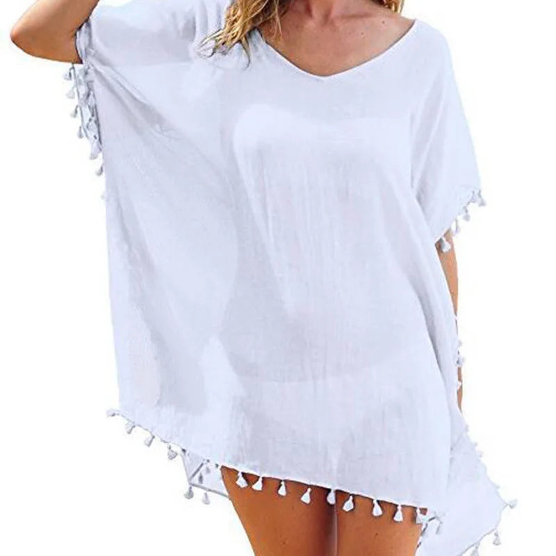 Chiffon Tassels Beach Wear Women Swimsuit Cover Up Swimwear Bathing Suits Summer Mini Dress Loose Solid Pareo Cover Ups