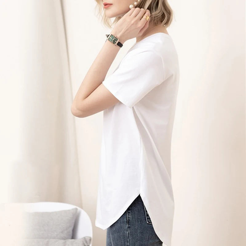 100% cotton Loose Casual Summer Short Sleeve Female T shirt Women  asymmetric O-neck Tee Tops M30326