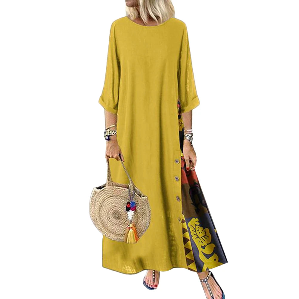 Loose Dresses Women Vintage O Neck 3/4 Sleeve Side Buttons Printed Mom Loose Long Dress Robe Femme Vestidos