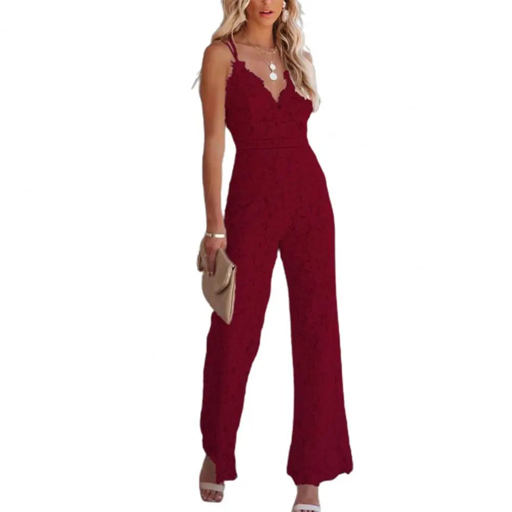 Solid Lace Jumpsuits Women Sleeveless Romper High Waist V-Neck Wide Leg Playsuits and Jumpsuit Women bodysuit Combinaison femme