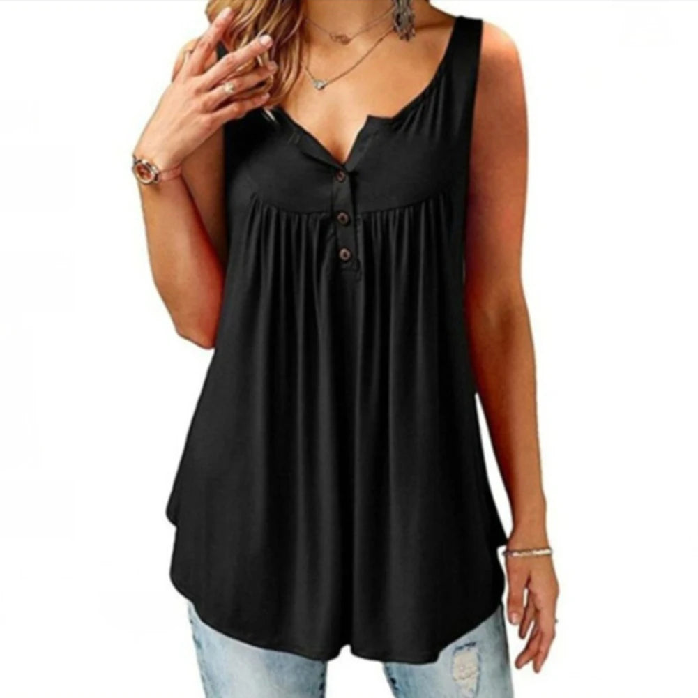 Hot Women Tank Top Loose Solid U Neck Female Camisole Sleeveless Pleated Tank Top Ladies Button 2020 summer women Loose Vest