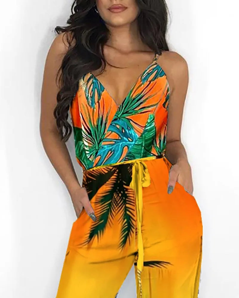 Autumn Women Casual Sleeveless V-Neck Jumpsuits Ladies Boho Floral Bodysuit Loose Long Pencil Side Slit Pants Plus Size 2024