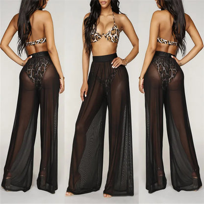 Women See Through High Waist Pants Sexy Transparent Loose Wide Leg Pants Comfortable Beach Long Solid Mesh Trousers 3Color