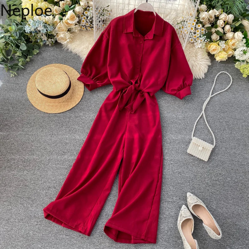 Neploe Summer Holiday 2 Pcs Women Set Sexy Slim Waist Pleat Design Wide Leg Jumpsuit + Turn Down Collar Short Sleeve Shirt Suit