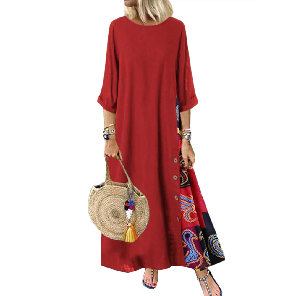 Loose Dresses Women Vintage O Neck 3/4 Sleeve Side Buttons Printed Mom Loose Long Dress Robe Femme Vestidos