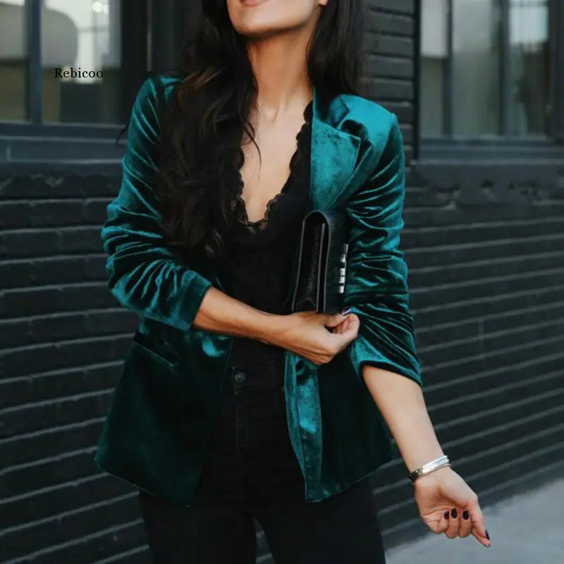 Women Blazer Velvet Blazer Coat Single Breasted Long Sleeve Ladies Black Blazer Jacket Fashion Women&