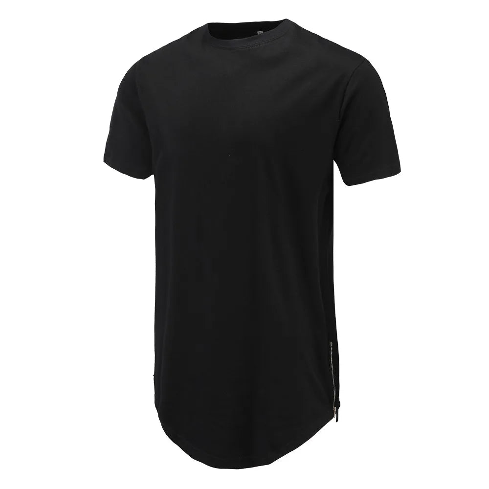 Men Casual T-Shirt Curve Hem Side With Zipper Short Sleeve Streetwear Men Long line Hip Pop Style Tops Fashion Men Extend Swag T