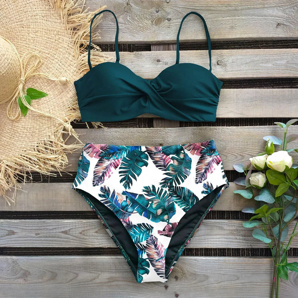 Sexy Leaf Print Bikini 2024 Female Swimsuit Women Swimwear Thong Push Up Bikinis Set High Waist Swimming Suits for Bathing Suit