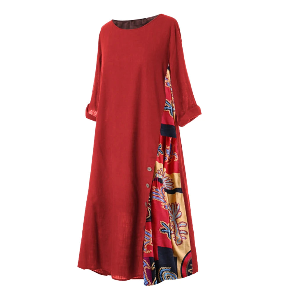 Loose Dresses Women Vintage O Neck 3/4 Sleeve Side Buttons Printed Mom Loose Long Dress Robe Femme Vestidos