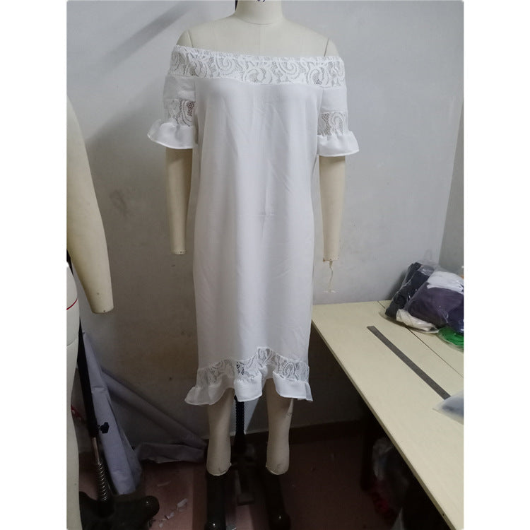 White Lace Ruffled Short Sleeves Hollow Dress