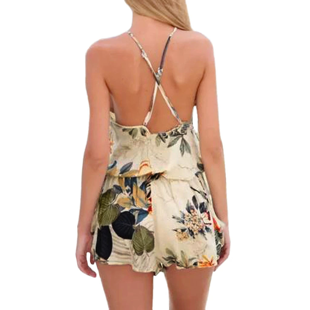 Cross Backless Printed Lace-up Shorts