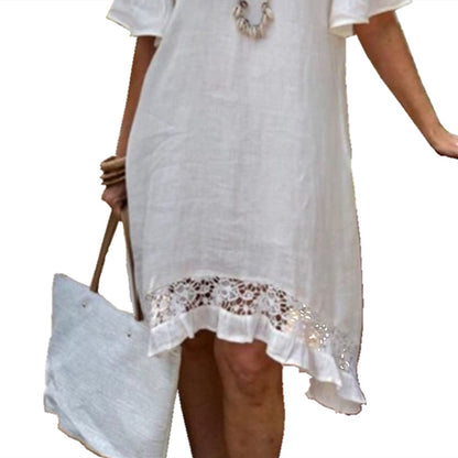 White Lace Ruffled Short Sleeves Hollow Dress