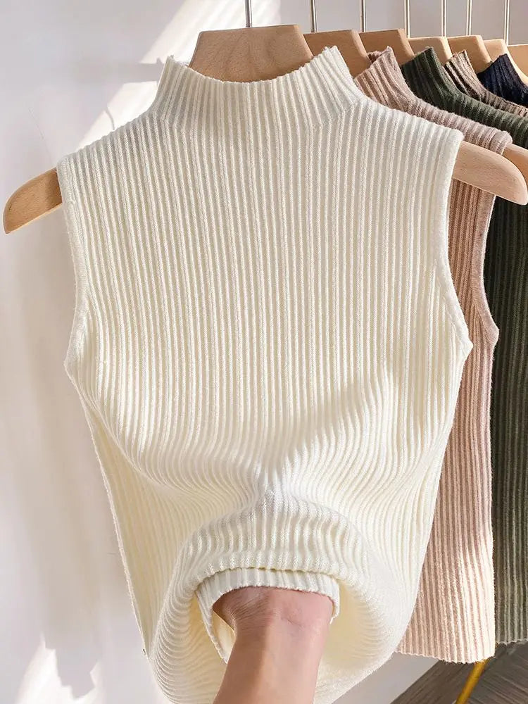 Spring/summer New Shoulder Cropped Sleeveless Top Half-turtleneck Knit Tank Top Women&