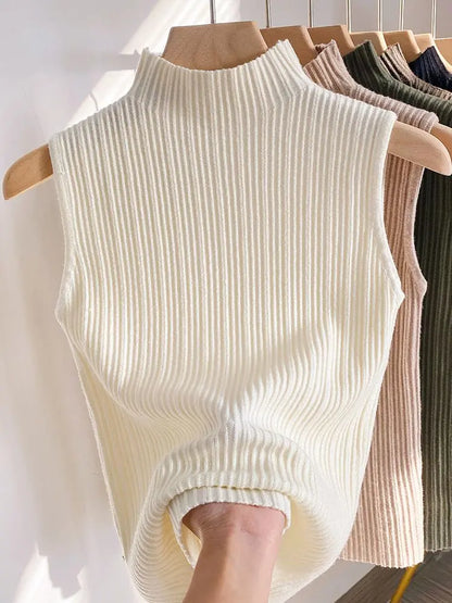 Spring/summer New Shoulder Cropped Sleeveless Top Half-turtleneck Knit Tank Top Women&