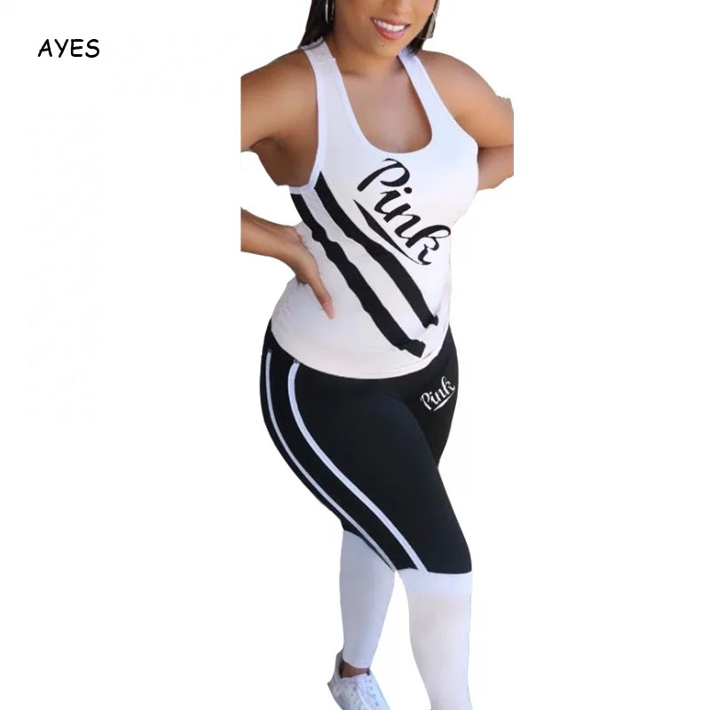 Skinny Tracksuit Sleeveless T-Shirt Pink Letter Print Sport Sets Causal Stretchy 2 Piece Sets Women Outfits 2024 Summer New