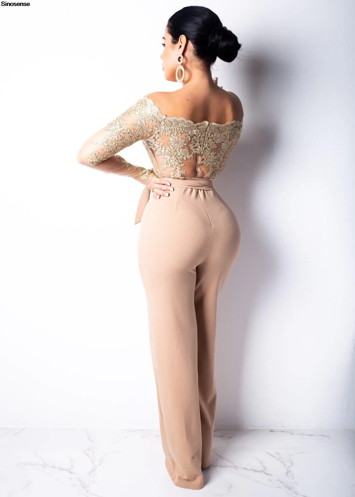 Womens Elegant Off Shoulder Long Pants Wide Leg Jumpsuits Floral Embroidery Lace See Through Cocktail Club Party Evening Rompers