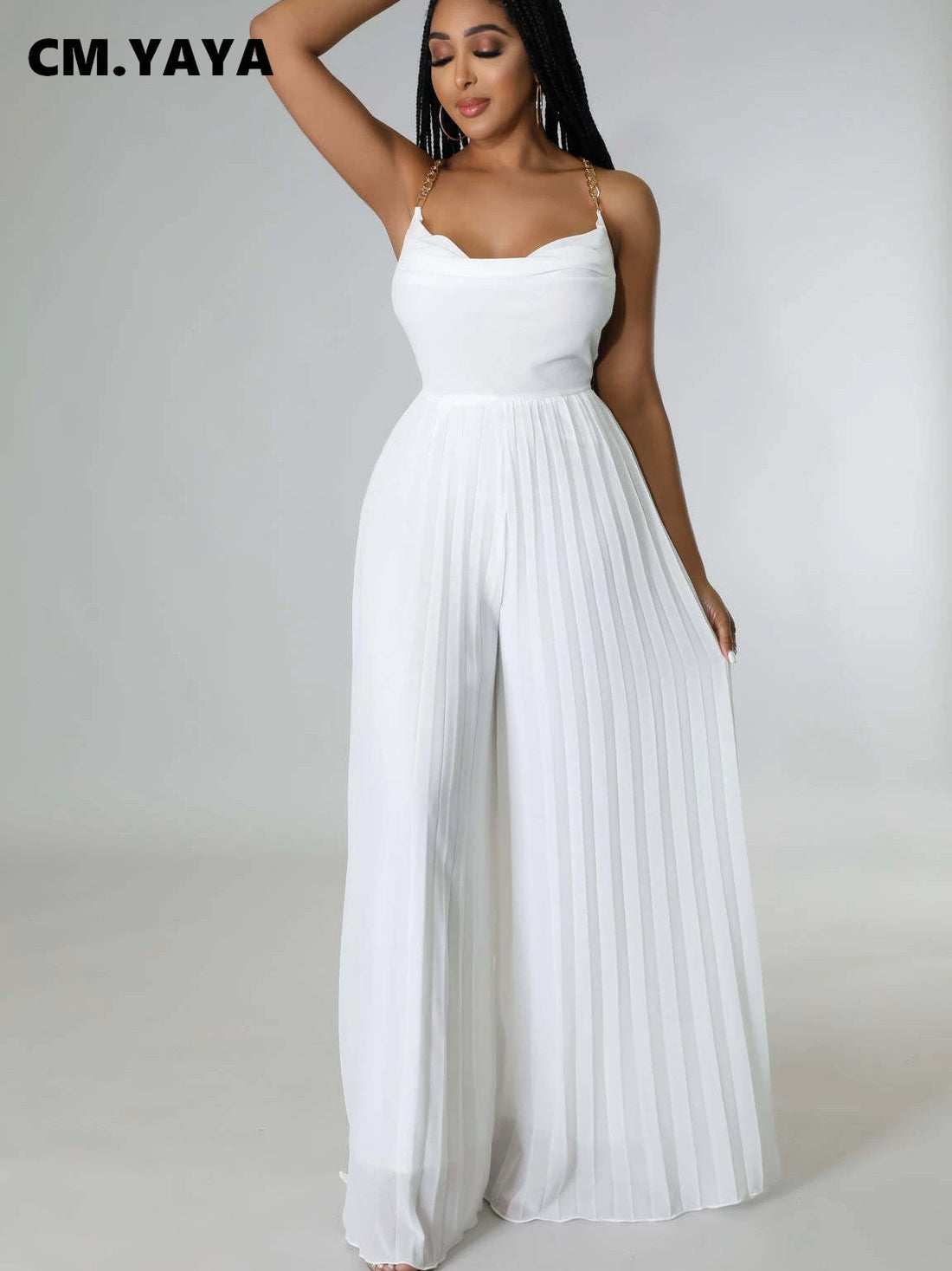 Elegant Women Halter Neck Backless High Waist Pleated Loose Jumpsuit Chic Streetwear Party Wide Leg Straight Playsuit