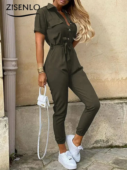 Overalls for Women Casual Lapel Lace-up Print Belt Work Jumpsuit Women One Pieces Bodysuit Women Chic and Elegant Long Jumpsuits