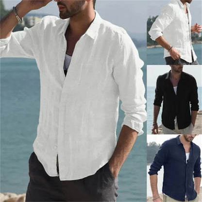 Summer Shirt Beach Cotton Linen Shirts Men Cardigan Tops Long Sleeved Turn Down Collar Slim Fit Large Size