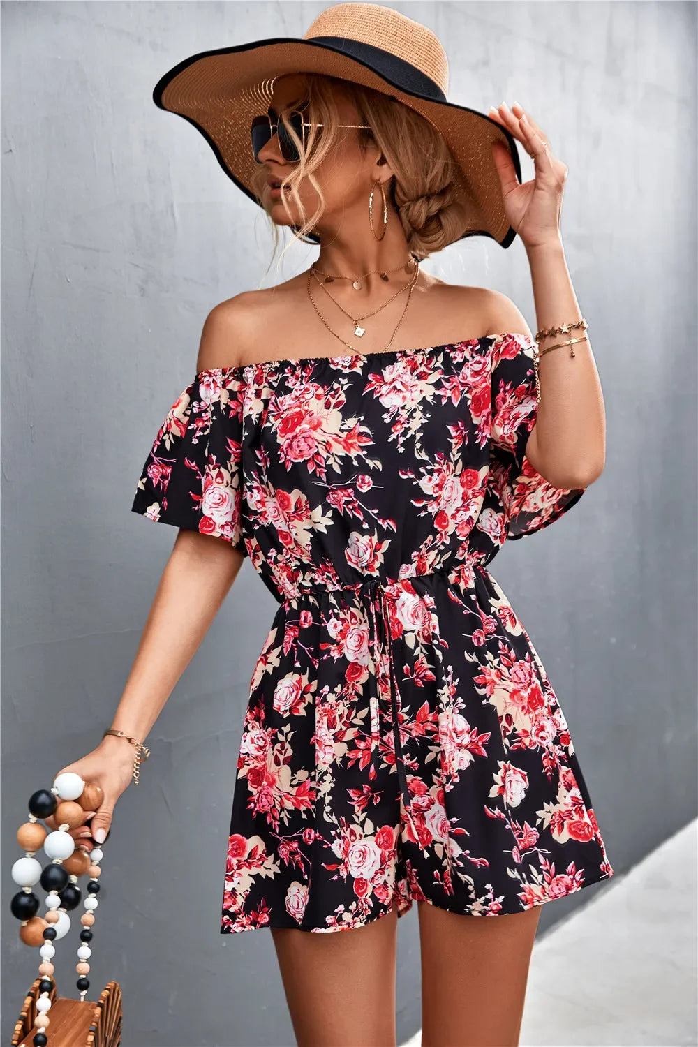 Summer Woman Playsuits Flowers Printed Sexy Off Shoulder Slim Romper Jumpsuit Women Short Sleeve Holiday Beach Playsuit