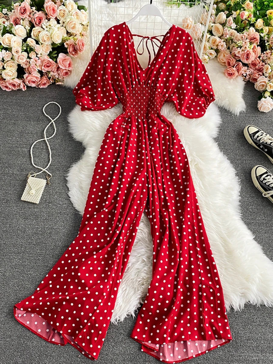 Autumn Sexy Polka Dot Romper Women Elegant V-Neck Puff Short Sleeve High Waist Jumpsuit Female Loose Wide Leg Playsuits Fashion