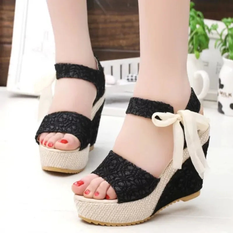 Hot Lace Leisure Women Wedges Heeled Women Shoes 2024 Summer Sandals Party Platform High Heels Shoes Woman