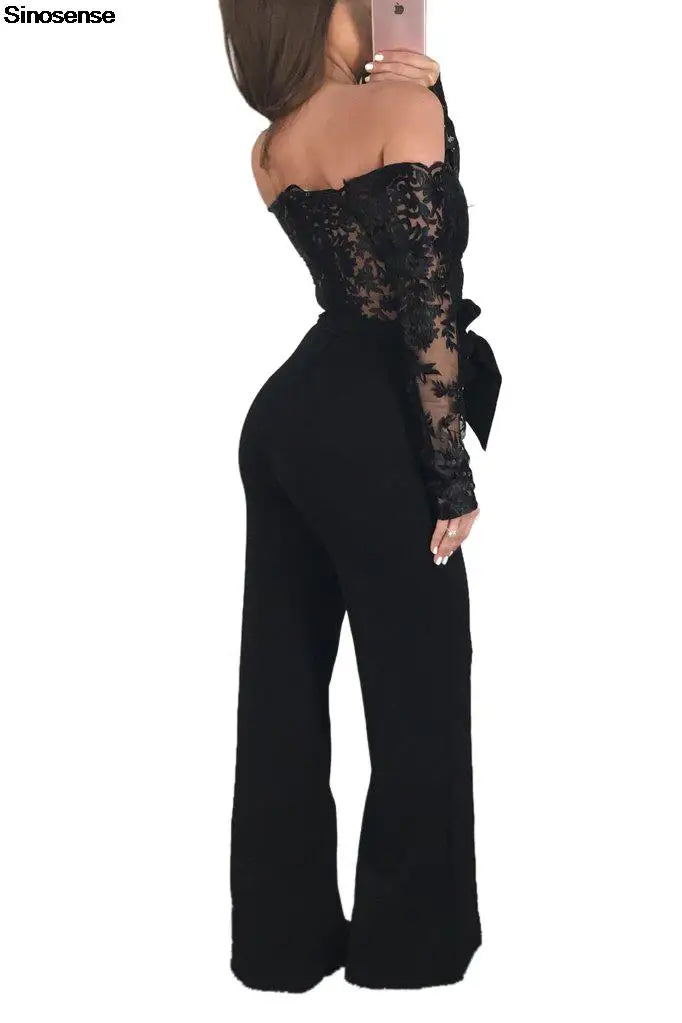 Womens Elegant Off Shoulder Long Pants Wide Leg Jumpsuits Floral Embroidery Lace See Through Cocktail Club Party Evening Rompers