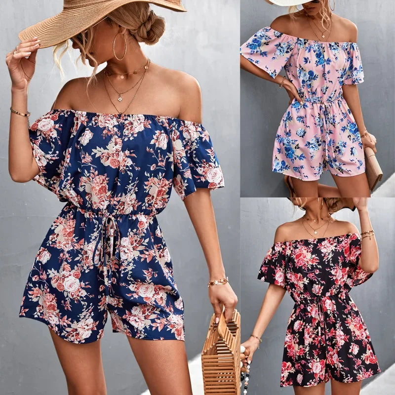 Summer Woman Playsuits Flowers Printed Sexy Off Shoulder Slim Romper Jumpsuit Women Short Sleeve Holiday Beach Playsuit